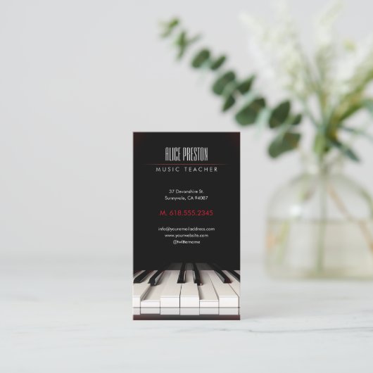 Muziekleraar | Zwarte witte piano Visitekaartje (Staand voorkant)
