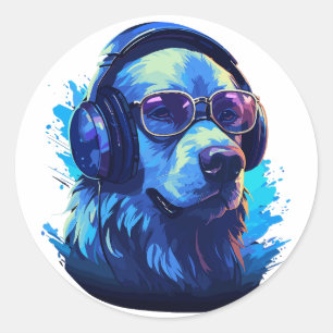 Muziekliefhebbende hond met hoofdtelefoon ronde sticker