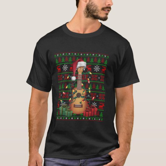 Muziekliefhebber Xmas Lights Ugly Musical Ukulele  T-shirt (Voorkant)