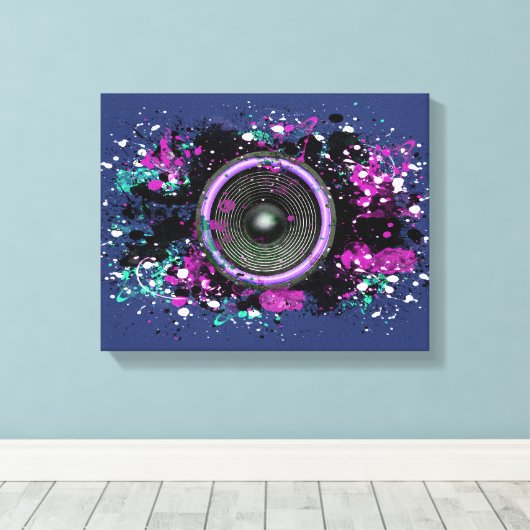 Muziekluidspreker en gesplatterde verf canvas afdruk (Insitu (Houten vloer))