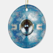 Muziekluidspreker en troebel blauw luchtruim keramisch ornament (Links)