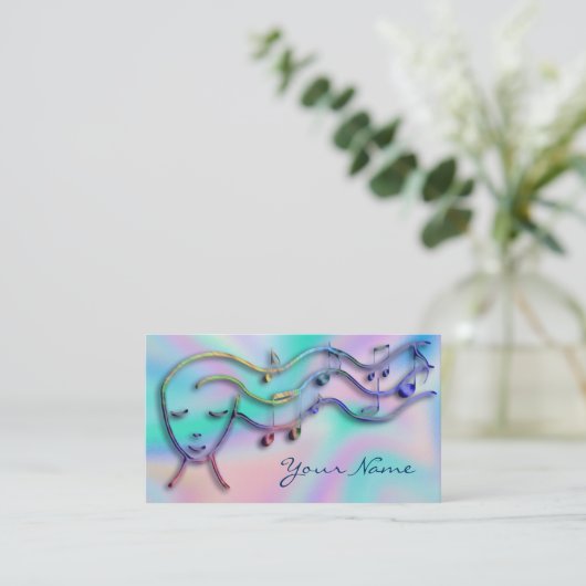 Muziekmeisje op faux iriserende achtergrond visitekaartje (Staand voorkant)