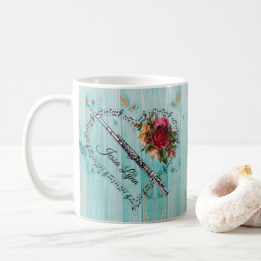 Muzieknoot Hart Blauw Hout Bloemen Fluit Koffiemok (Met donut)