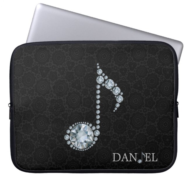 Muzieknoot: witte diamanten over zwart laptop sleeve (Voorkant)