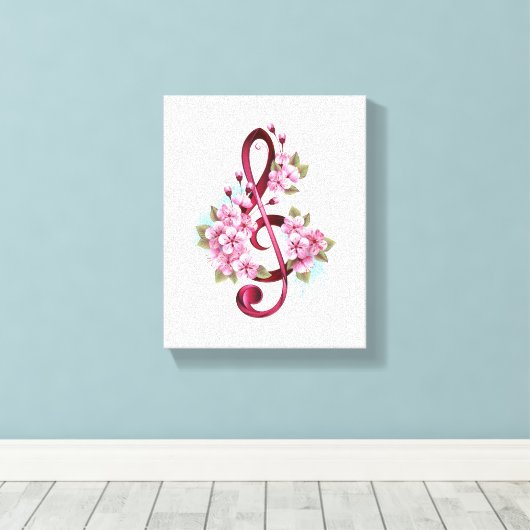 Muzieknotatie in vioolsleutel met Sakura bloemen Canvas Afdruk (Insitu (Houten vloer))