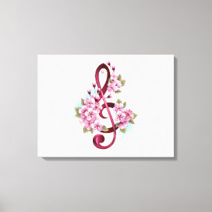 Muzieknotatie in vioolsleutel met Sakura bloemen Canvas Afdruk
