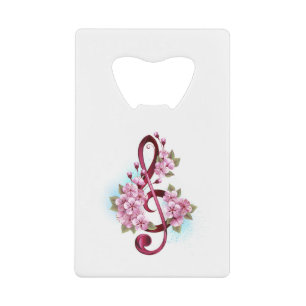 Muzieknotatie in vioolsleutel met Sakura bloemen Creditkaart Flessenopener
