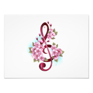 Muzieknotatie in vioolsleutel met Sakura bloemen Foto Afdruk