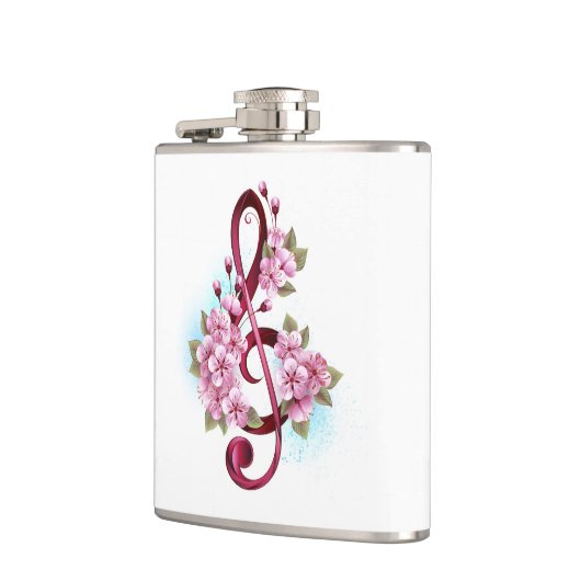 Muzieknotatie in vioolsleutel met Sakura bloemen Heupfles (Links)