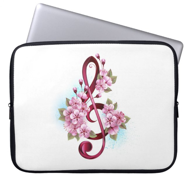 Muzieknotatie in vioolsleutel met Sakura bloemen Laptop Sleeve (Voorkant)