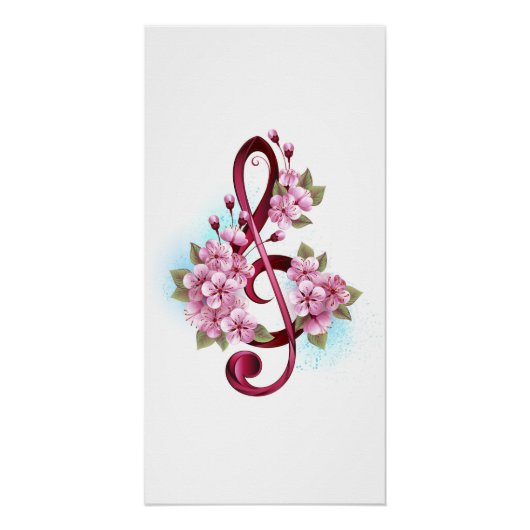Muzieknotatie in vioolsleutel met Sakura bloemen Perfect Poster (Voorkant)