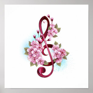 Muzieknotatie in vioolsleutel met Sakura bloemen Poster