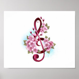 Muzieknotatie in vioolsleutel met Sakura bloemen Poster
