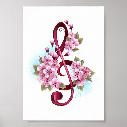 Muzieknotatie in vioolsleutel met Sakura bloemen Poster (Voorkant)