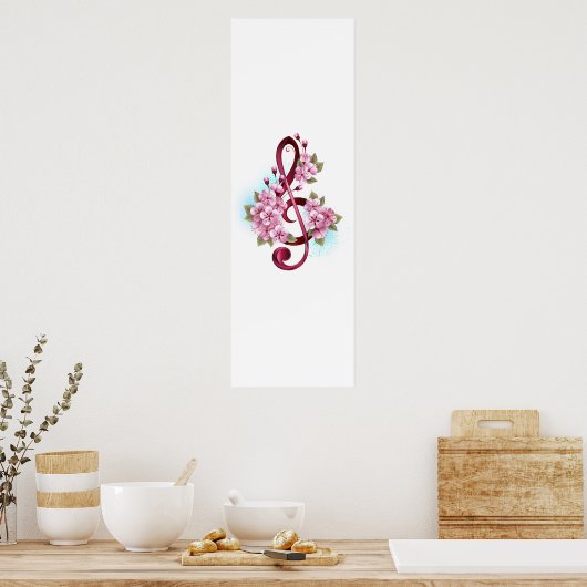 Muzieknotatie in vioolsleutel met Sakura bloemen Poster (Keuken)