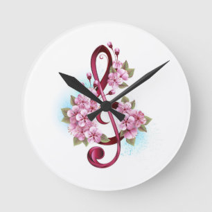 Muzieknotatie in vioolsleutel met Sakura bloemen Ronde Klok