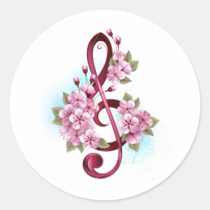 Muzieknotatie in vioolsleutel met Sakura bloemen Ronde Sticker