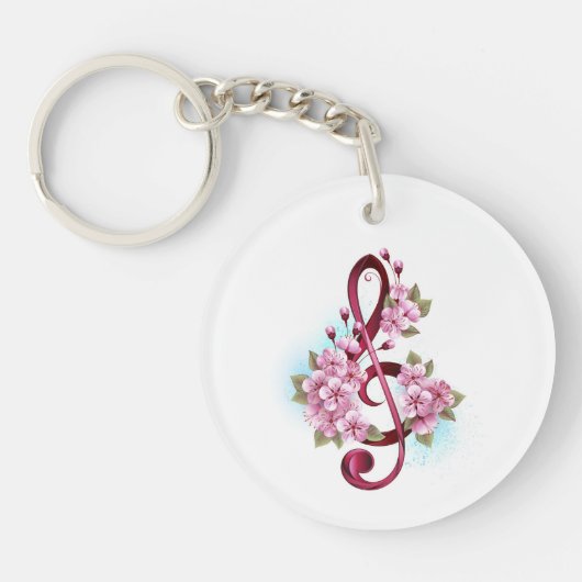 Muzieknotatie in vioolsleutel met Sakura bloemen Sleutelhanger (Voorkant)