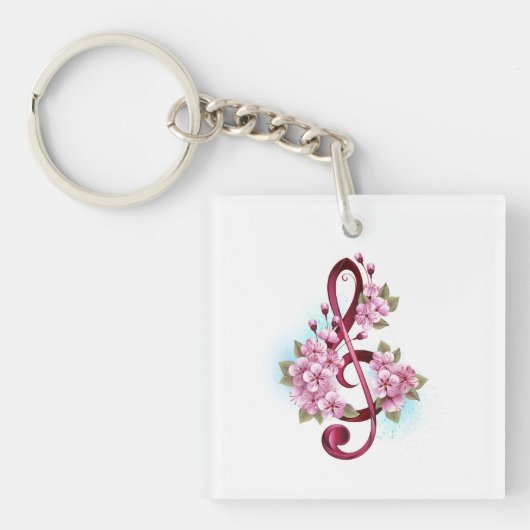 Muzieknotatie in vioolsleutel met Sakura bloemen Sleutelhanger (Voorkant)