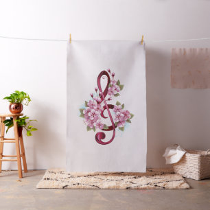 Muzieknotatie in vioolsleutel met Sakura bloemen Stof
