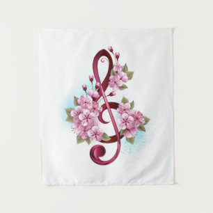 Muzieknotatie in vioolsleutel met Sakura bloemen Wandkleed