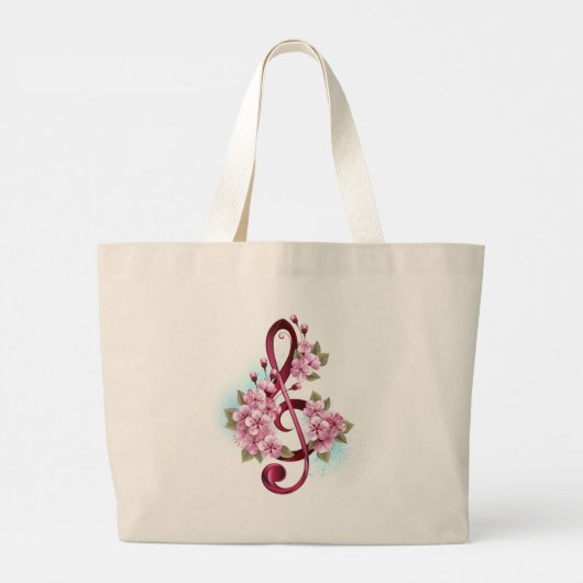 Muzieknotaties in vioolsleutel met Sakura bloemen Grote Tote Bag (Achterkant)