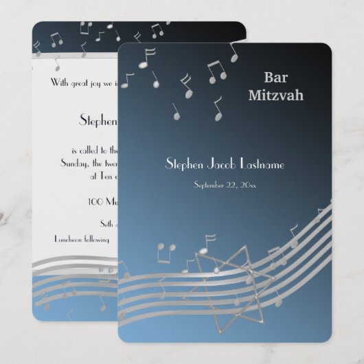 Muzieknoten Bar Mitswa Zilver en Blauw Kaart (Voorkant / Achterkant)