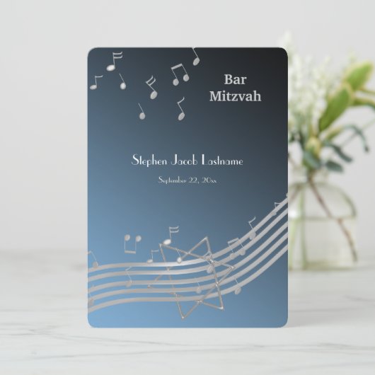 Muzieknoten Bar Mitswa Zilver en Blauw Kaart (Staand voorkant)
