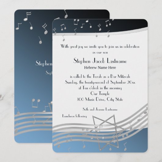 Muzieknoten Bar Mitswa Zilver en Blauw Kaart (Voorkant / Achterkant)