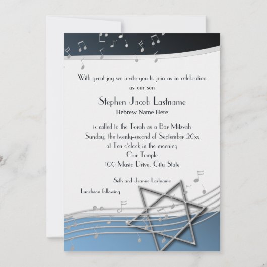 Muzieknoten Bar Mitzvah Silver en Blue Invitation Kaart (Voorkant)