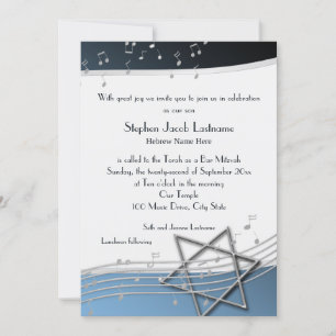 Muzieknoten Bar Mitzvah Silver en Blue Invitation Kaart