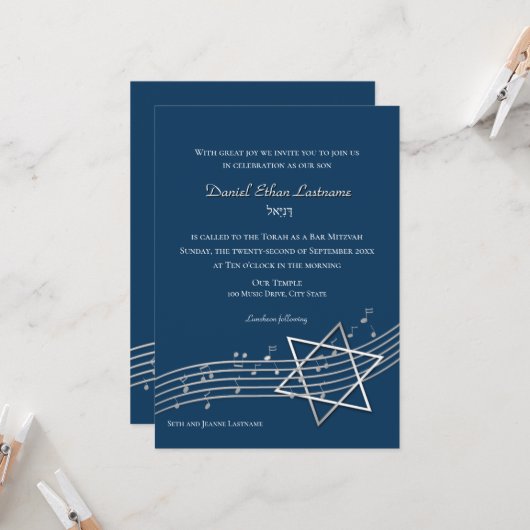 Muzieknoten Bar Mitzvah Silver met kleuroptie I Kaart (Voorkant / Achterkant in situ)