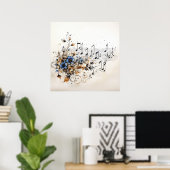 Muzieknoten Blauw Bruin Wijnstokken Bloemen Poster (Thuiskantoor)