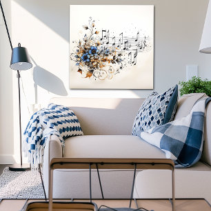 Muzieknoten Blauw Bruin Wijnstokken Bloemen Poster