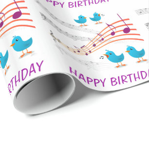 Muzieknoten Blauwe vogels Happy Birthday Colorful  Cadeaupapier