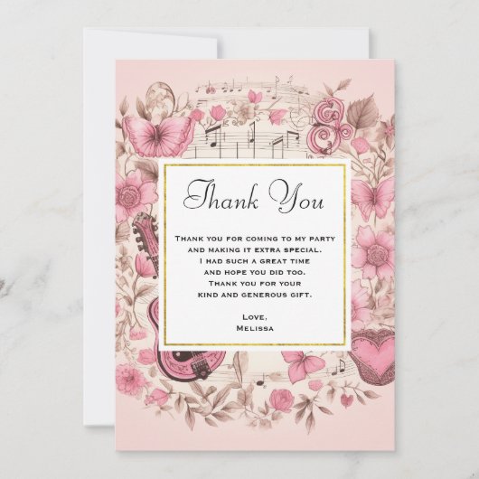 Muzieknoten en bloemen Elegant Dank u Bedankkaart (Voorkant)