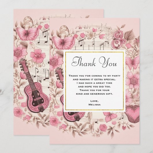 Muzieknoten en bloemen Elegant Dank u Bedankkaart (Voorkant / Achterkant)