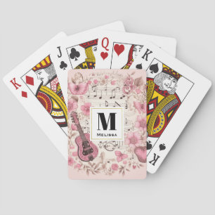 Muzieknoten en bloemen Elegant Retro Monogram Pokerkaarten