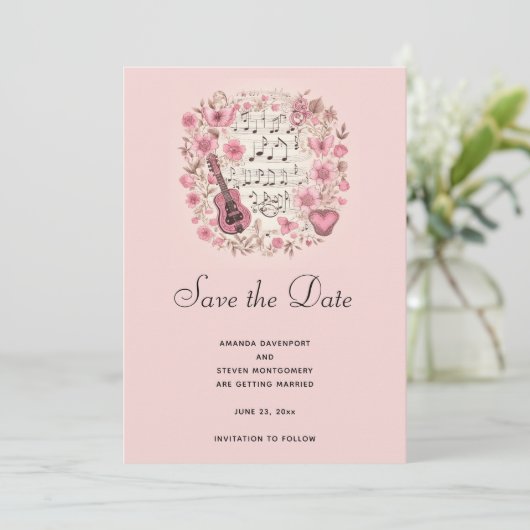 Muzieknoten en bloemen Elegant Save the Date (Staand voorkant)