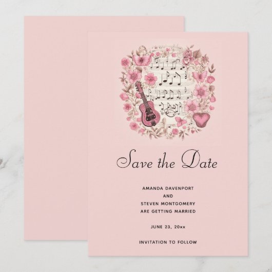 Muzieknoten en bloemen Elegant Save the Date (Voorkant / Achterkant)