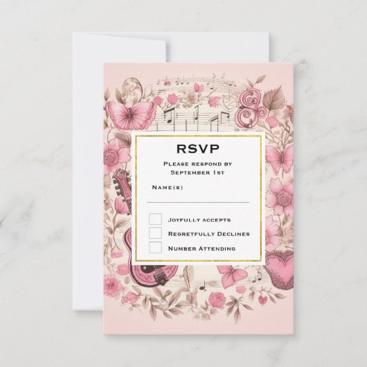 Muzieknoten en bloemen Elegante bruiloft RSVP (Voorkant)