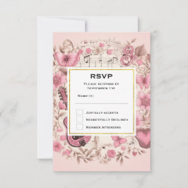 Muzieknoten en bloemen Elegante bruiloft RSVP Kaartje