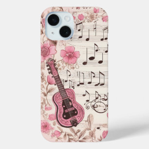 Muzieknoten en Bloemen Retro Stijl iPhone 15 Case