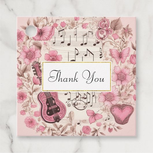 Muzieknoten en Bloemen Retro Stijl Dank U Bedankjes Labels (Voorkant)
