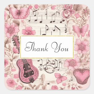 Muzieknoten en Bloemen Retro Stijl Dank U Vierkante Sticker