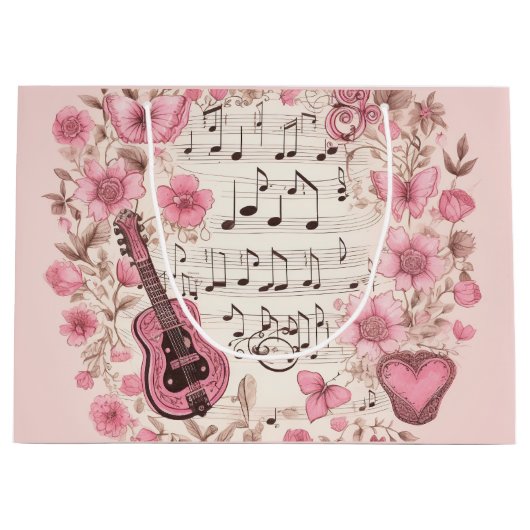 Muzieknoten en Bloemen Retro Stijl Groot Cadeauzakje (Voorkant)