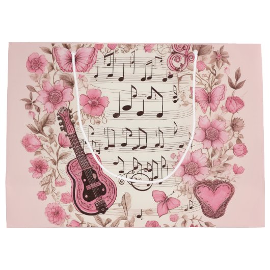 Muzieknoten en Bloemen Retro Stijl Groot Cadeauzakje (Achterkant)