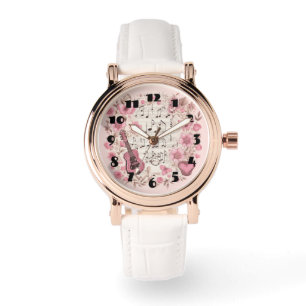 Muzieknoten en Bloemen Retro Stijl Horloge