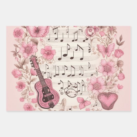 Muzieknoten en Bloemen Retro Stijl Inpakpapier Vel (Voorkant 3)