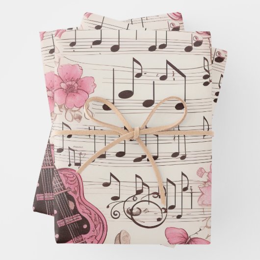 Muzieknoten en Bloemen Retro Stijl Inpakpapier Vel (In situ)